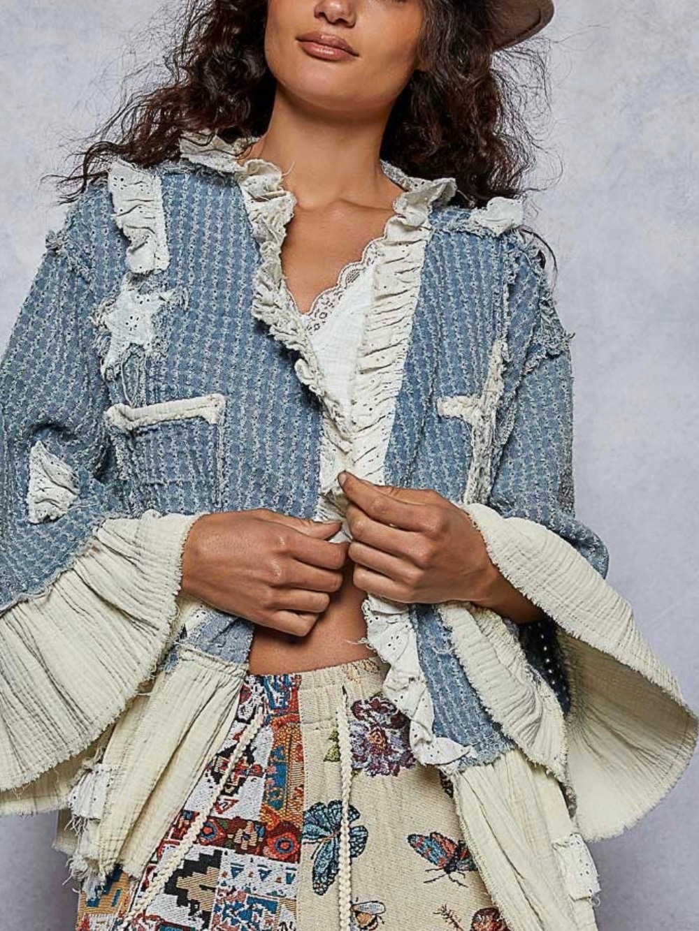 POL Blue Eyelet Star Patch Ruffle Jacket with Cream Trim Sz M -NWT - Picture 3 of 3